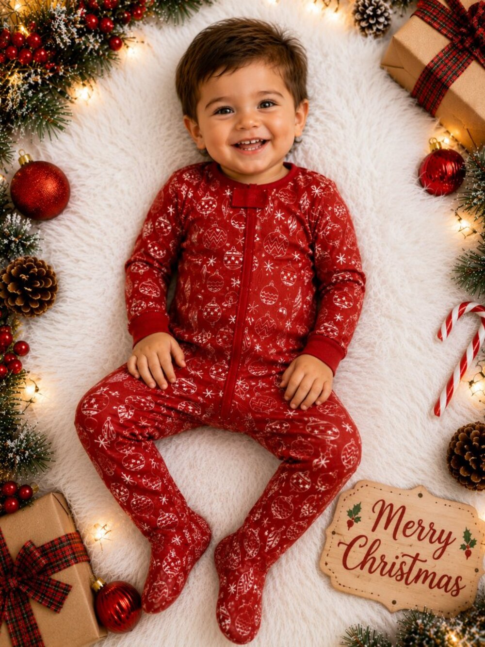 NWT Macy's Family PJs Christmas Footed Sleeper 24M Red Ornament Print